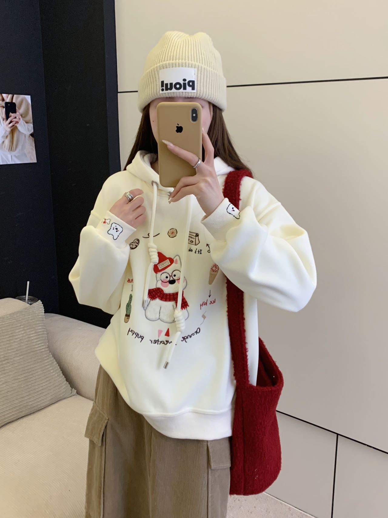 2025冬季新款可爱围巾狗狗重工刺绣连帽加绒卫衣5060