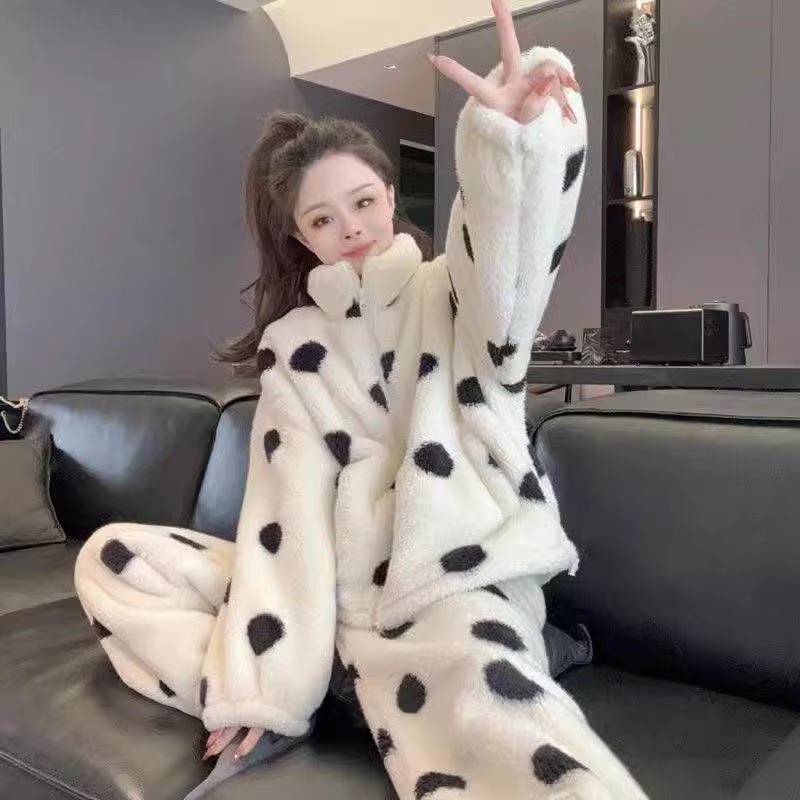  秋冬季睡衣女款加绒加厚网红风2025新款波点立领珊瑚绒家居服