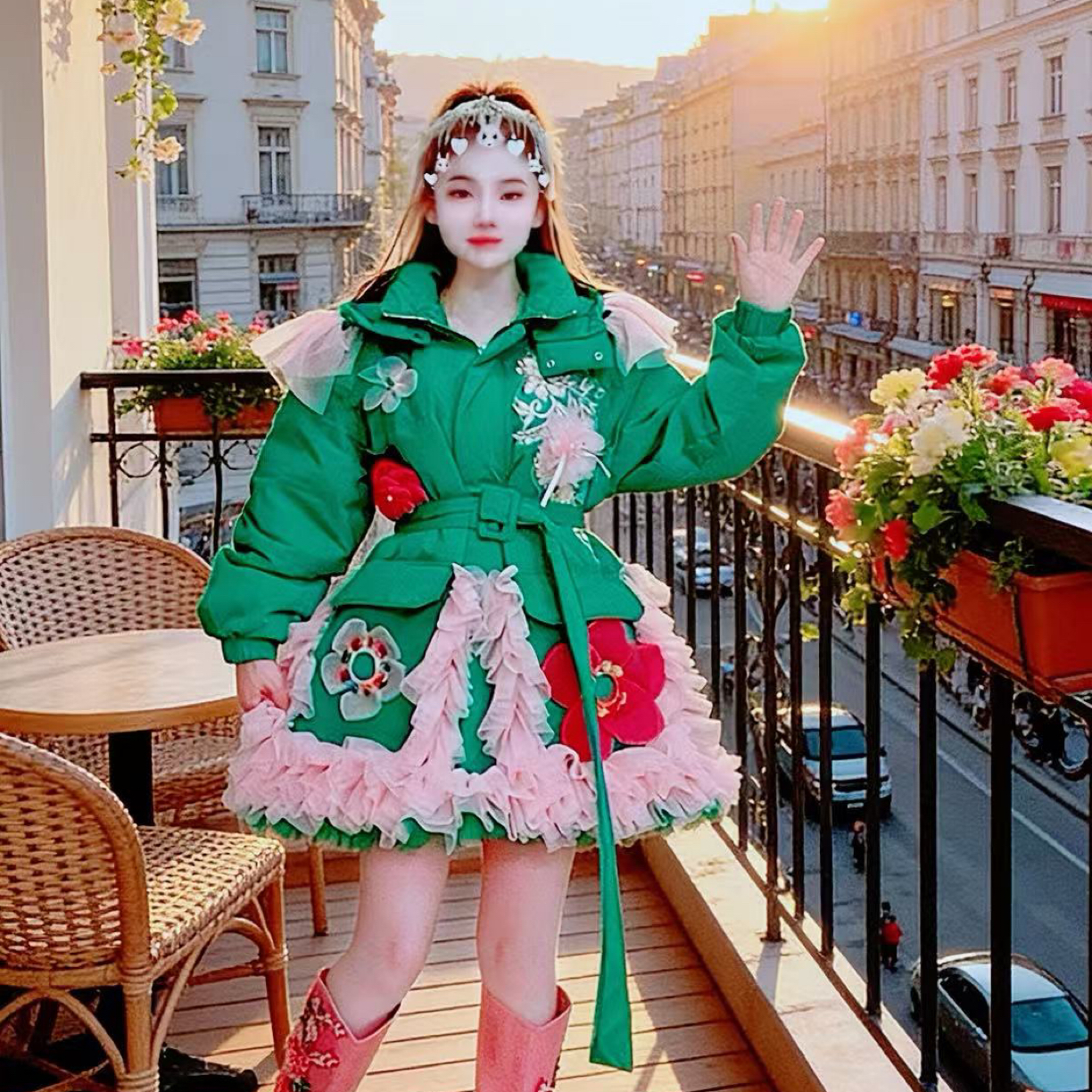 【面条仙仙】3868#设计师新款收腰显瘦甜美仙女风雨绒外套