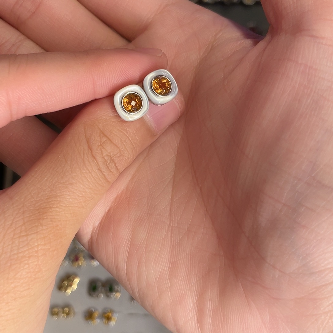 黄晶耳饰银S925镶嵌