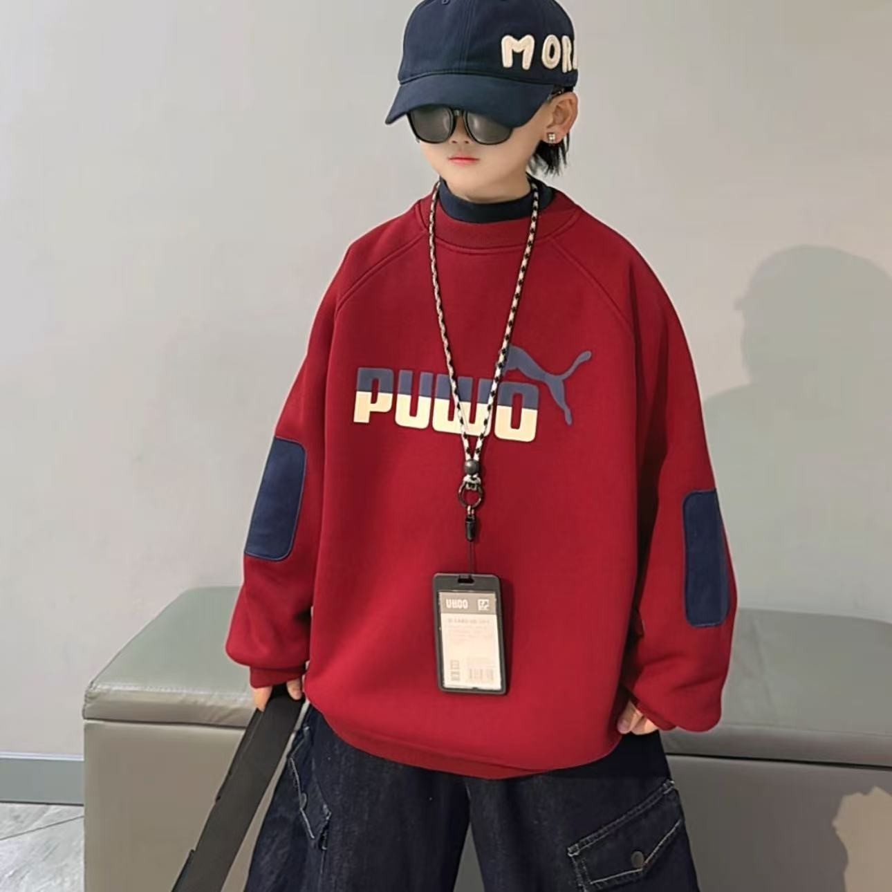 【加绒加厚】儿童卫衣圆领秋冬洋气中大童韩版男女童百搭宽松高领