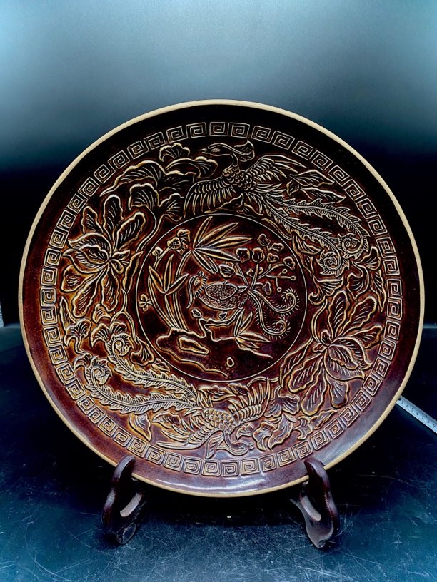 古玩褐定龙凤赏盘