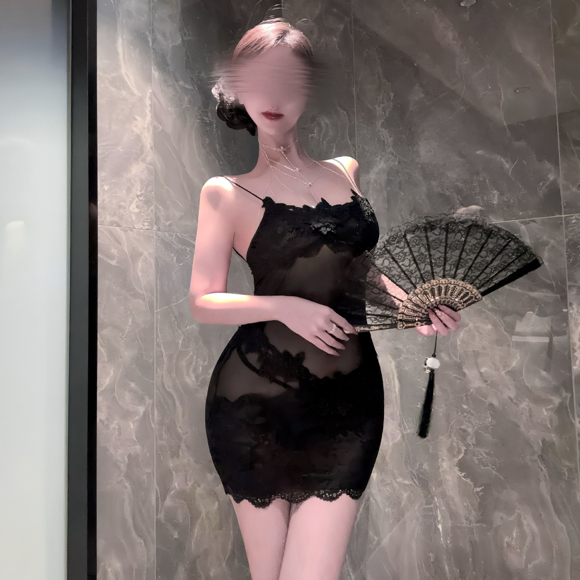 蕾丝女修身御姐睡衣露背拼接压皱睡裙薄款性感夏季