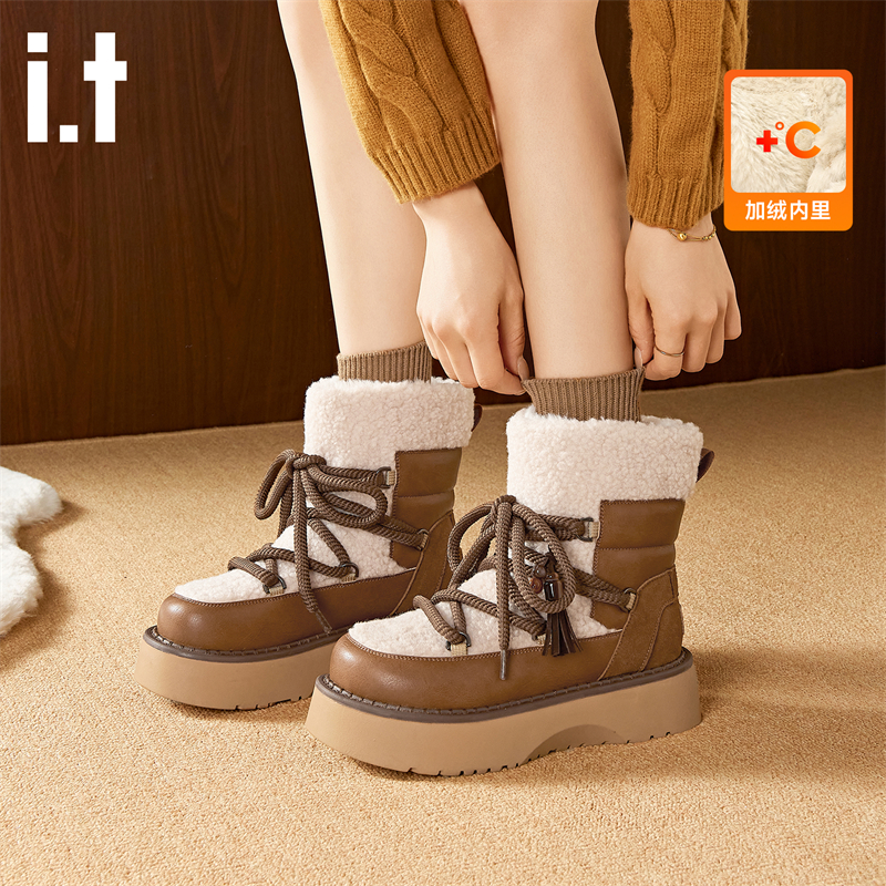 i.t tac冬季女款中长款雪地靴翻毛厚底增高棉鞋加绒加厚马丁靴女