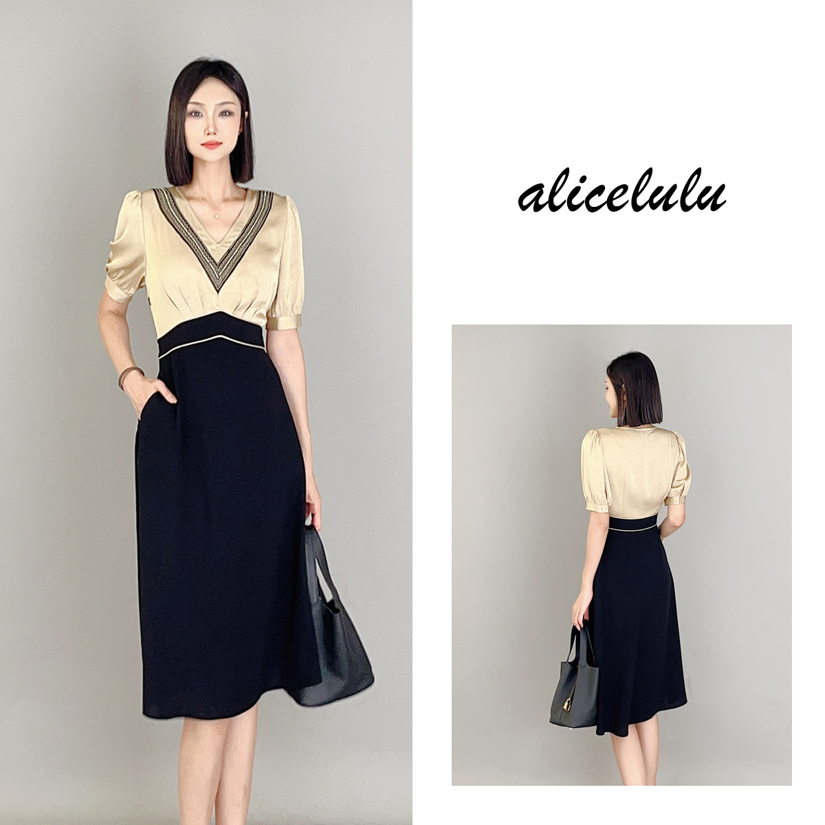 6 alicelulu小V脸”连衣裙优雅刺绣时髦拼接S2138888Q