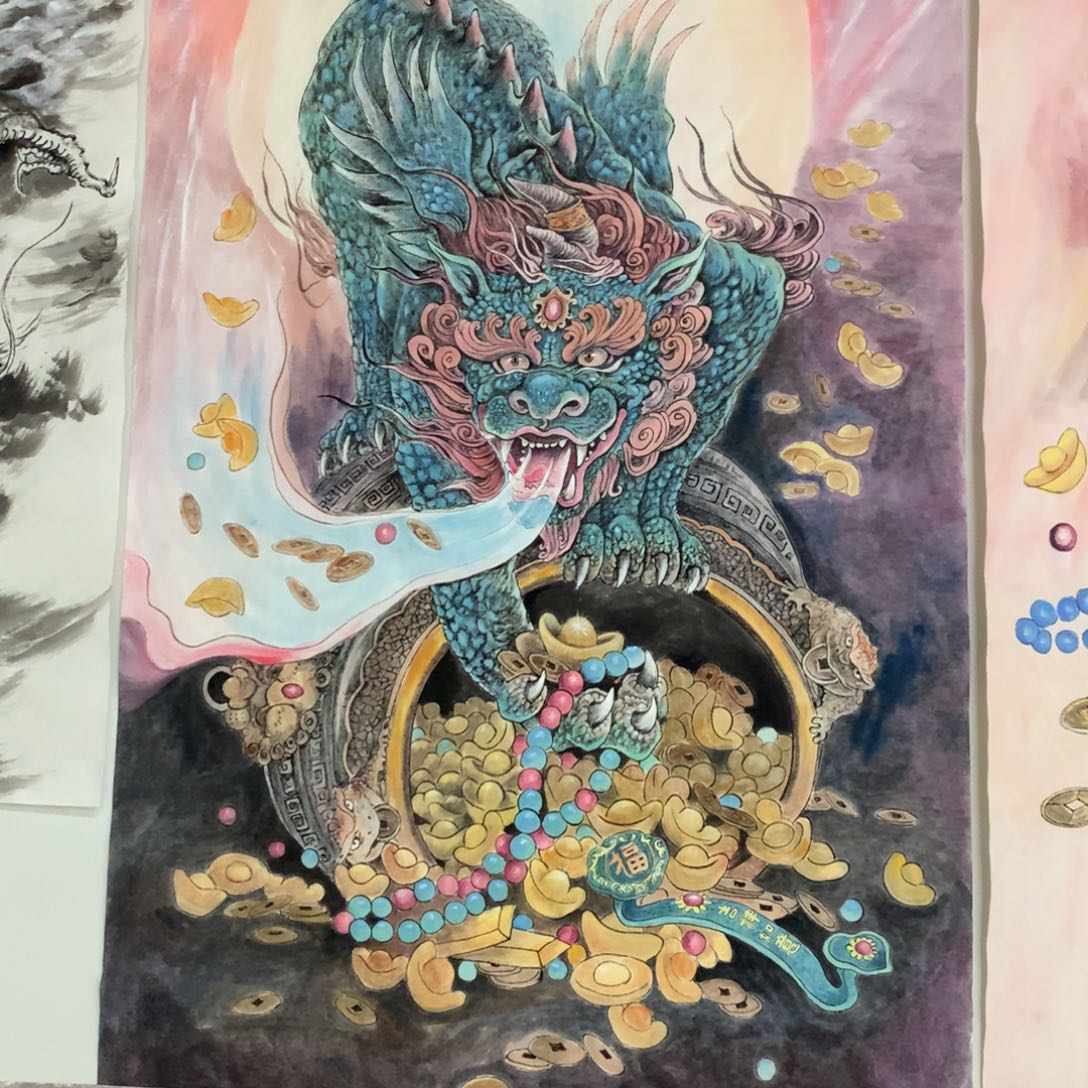 国画仝****）福利作品六尺手绘貔貅