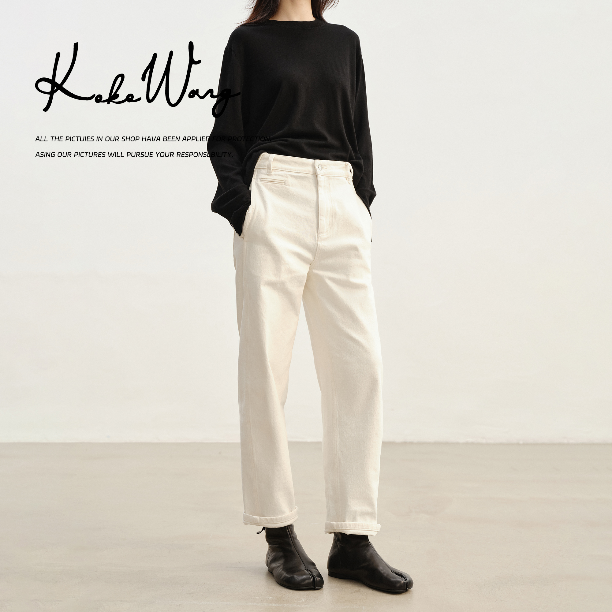 KOKO WANG秋冬新款进口土耳其高腰显瘦百搭汉麻牛仔裤N5465C19K01