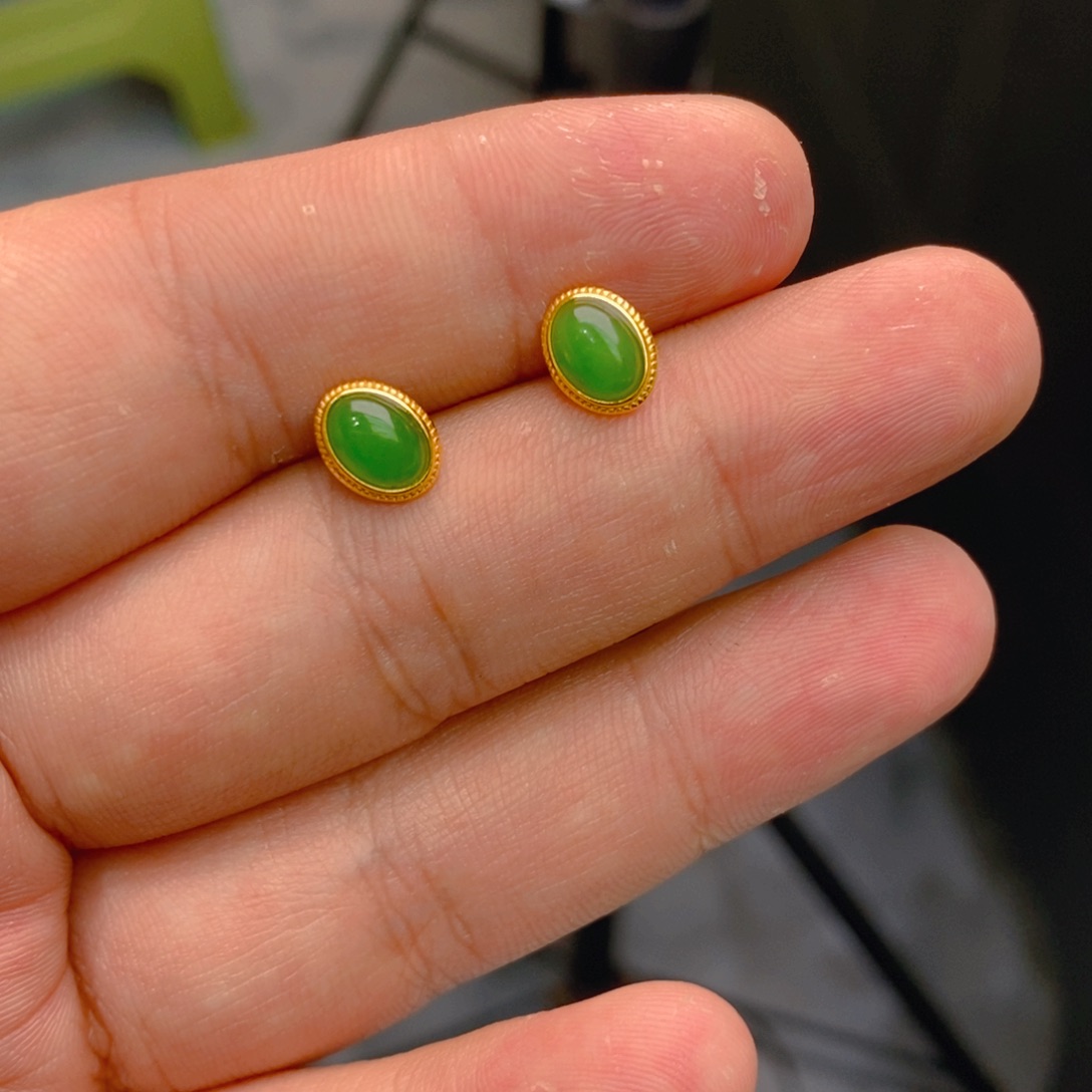 和田玉（碧玉）耳饰银S925镀金镶嵌