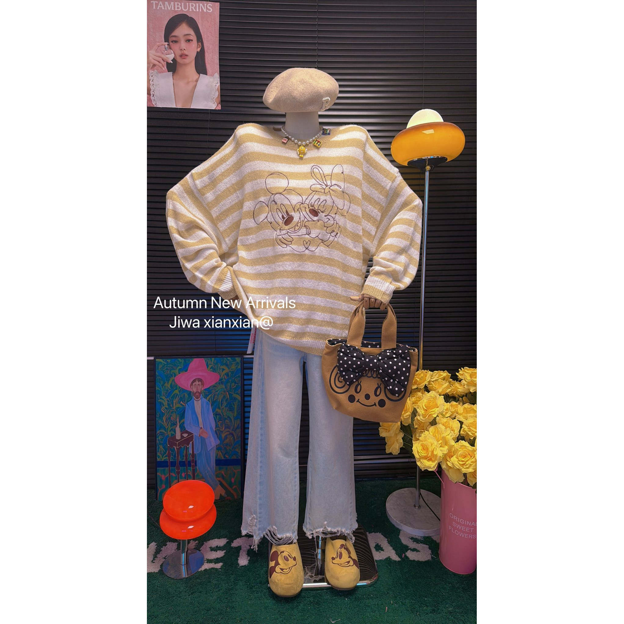 吉娃新款卡通印米奇花条纹宽松休闲百搭长袖针织衫毛衣女90398