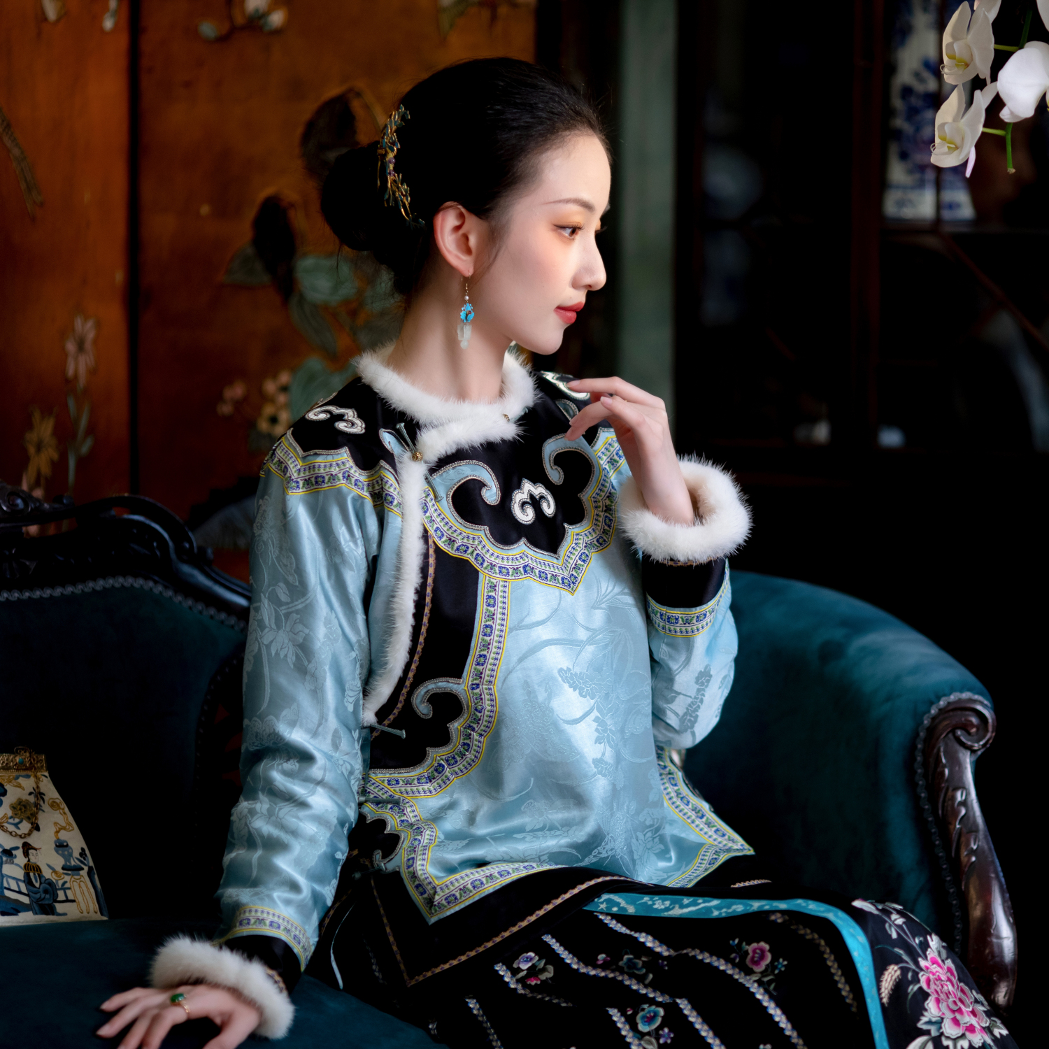 蓝衿雅覆丨一城风絮丨提花如意云肩绣花民国风上衣袄毛毛保暖