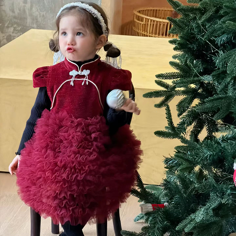 【本妈】25冬"相思红豆"女童针织毛衣+短袖加绒网纱连衣裙99133