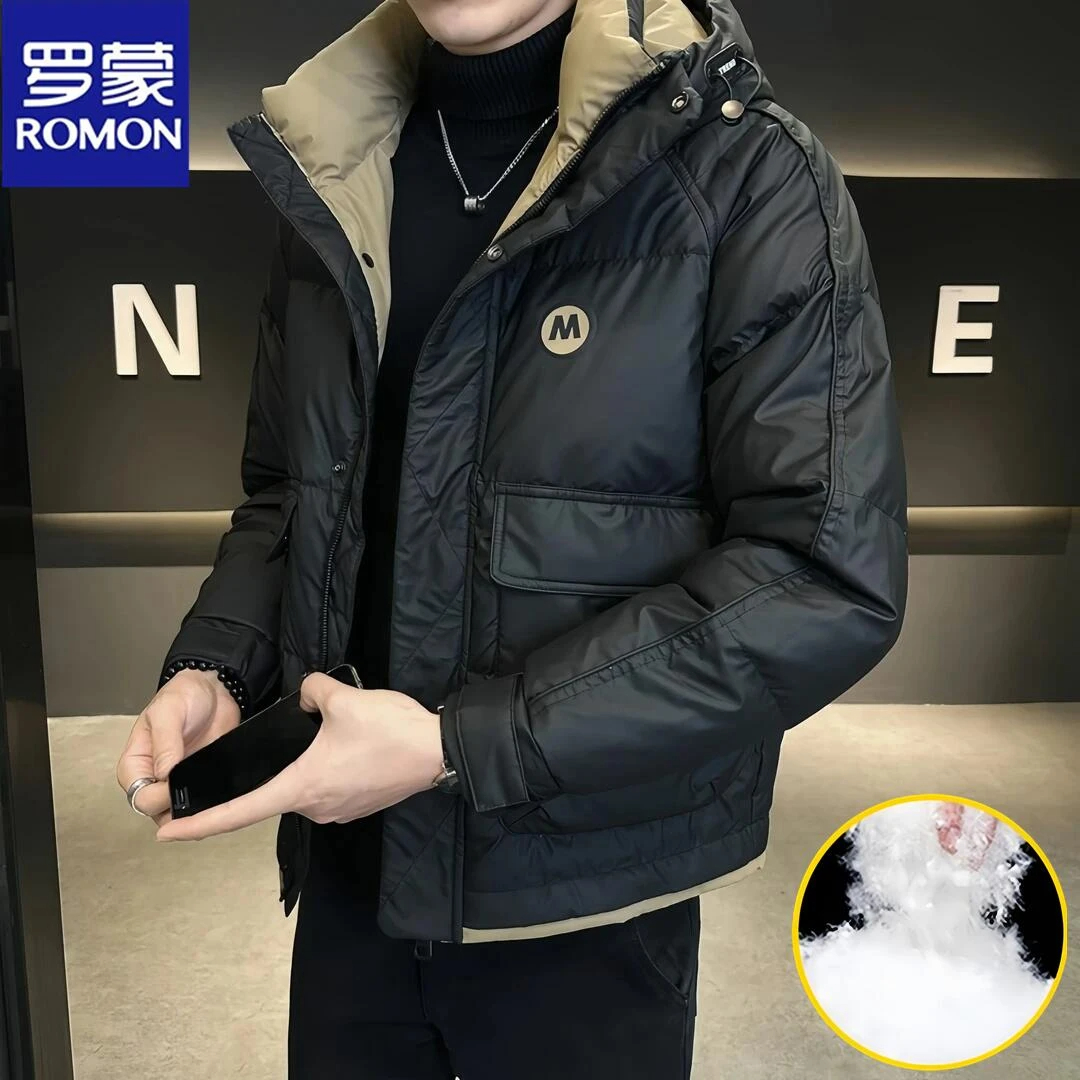 罗蒙男士连帽羽绒服冬季夹克外套商务时尚百搭休闲加厚工装上衣男