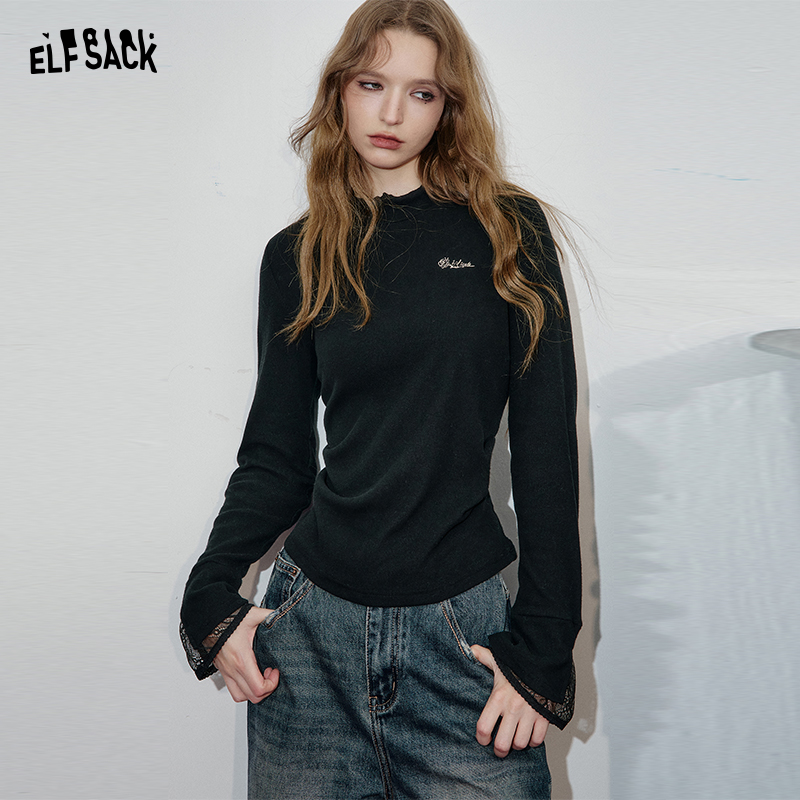 【达人专享】妖精的口袋黑色蕾丝拼接刺绣长袖t恤女秋修身内搭打