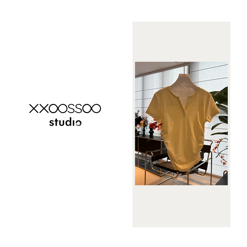 xxoossoo棉V领短袖T恤女夏季新款小鸡黄百搭上衣