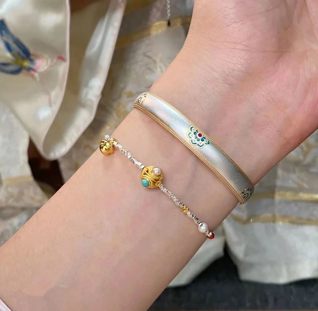 足银手镯 B3足银9999如意心经宝相花国风珐琅彩开口描金实心手镯