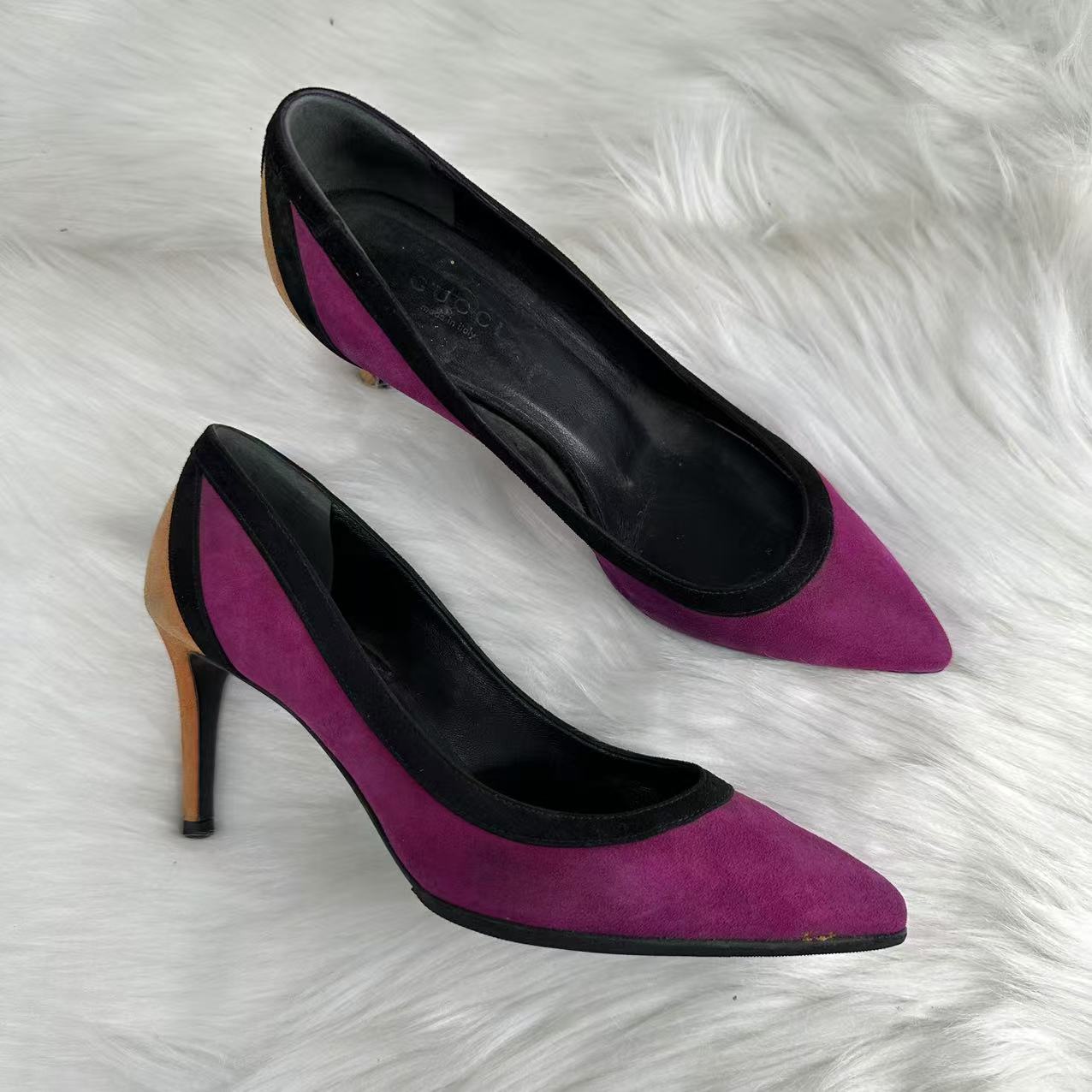 95新 GUCCI/古驰 35.5码/无配件/紫罗兰尖头休闲时尚高跟鞋wsp194