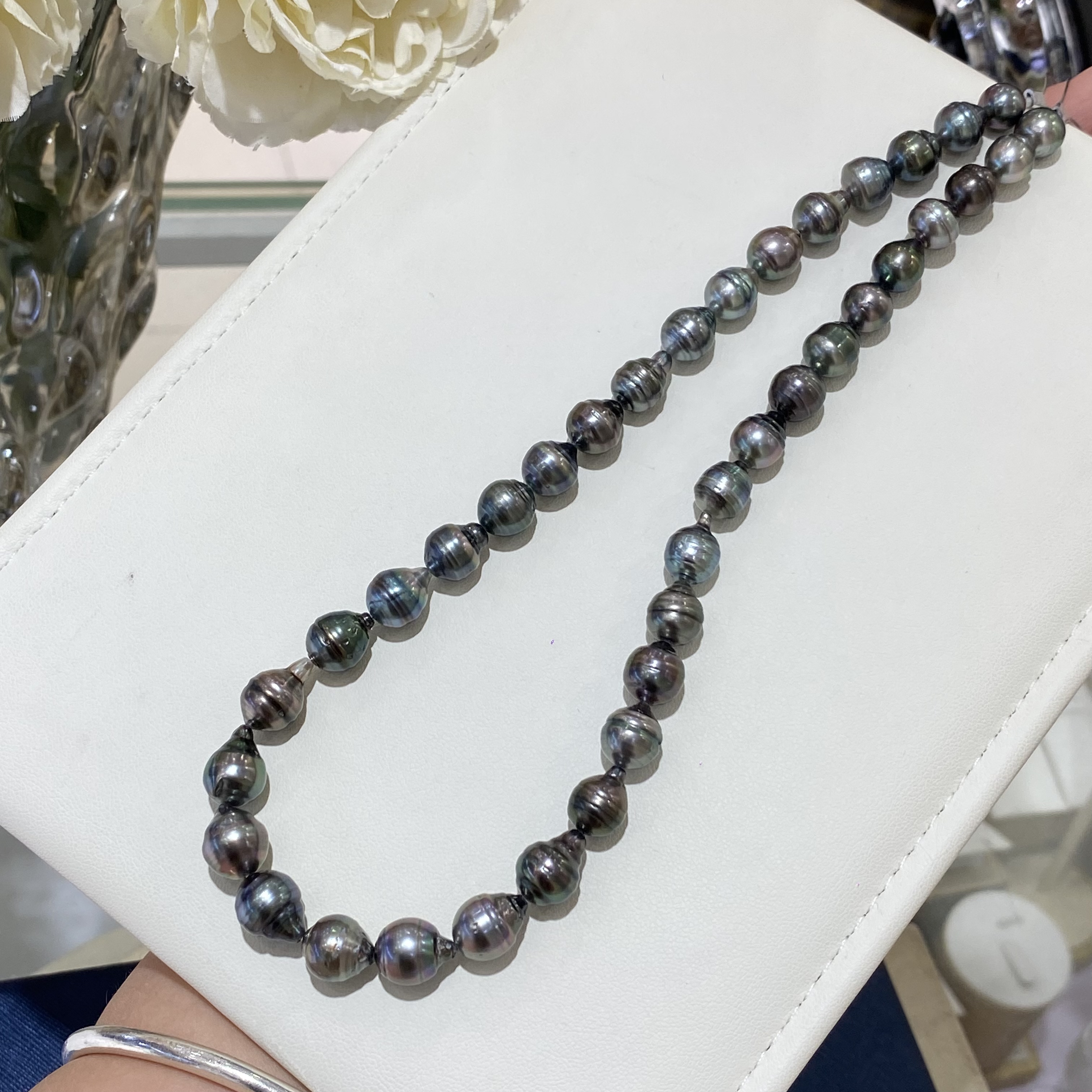 大溪地海水珍珠密螺纹串链8.2-9.8mm 整体干净均匀绿调