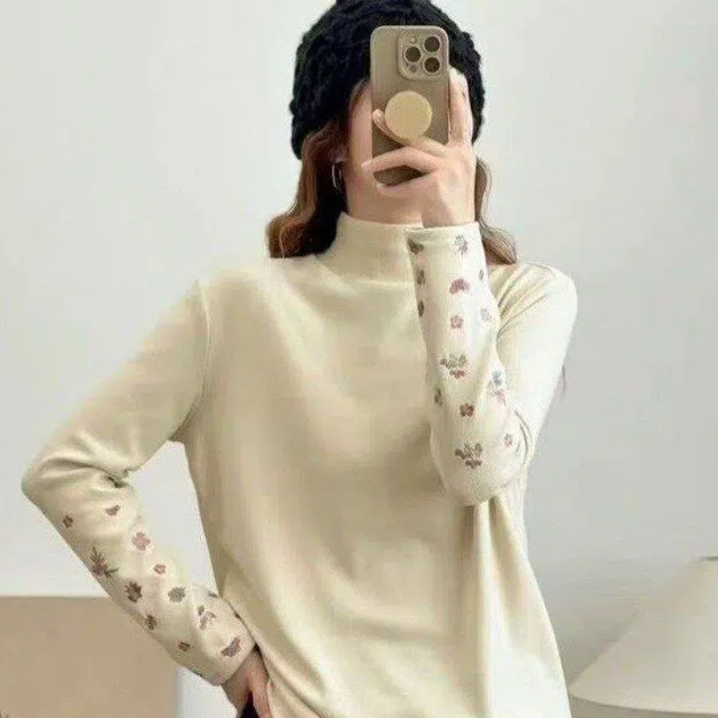 长袖刺绣中长款高领女常规款T恤修身ins百搭半高领