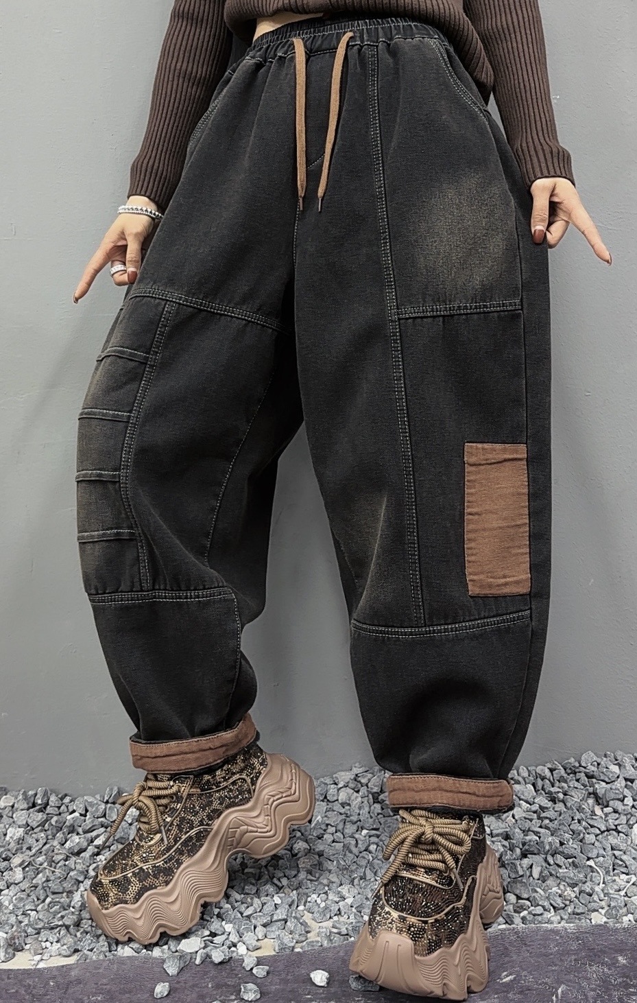 冬新款 复古文艺宽松显瘦拼接贴布保暖老爹哈伦裤裤 