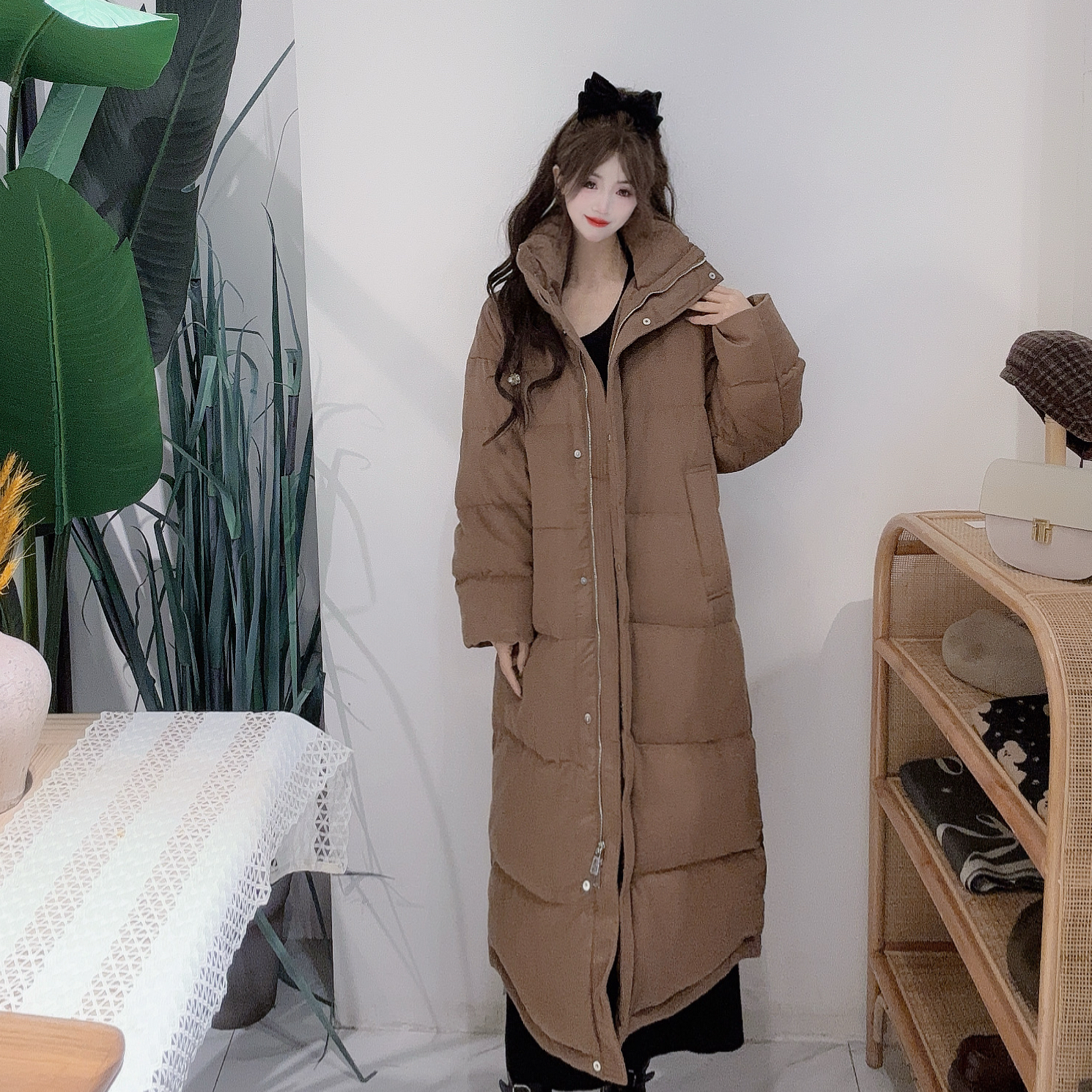 PD49556266焦糖色外料羊毛里料/90白鸭绒子含量284克长款羊毛羽绒