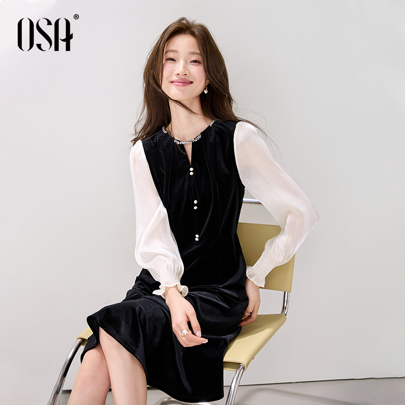 OSA/欧莎 千金风丝绒连衣裙女重要场合年会裙鱼尾裙S125C13004