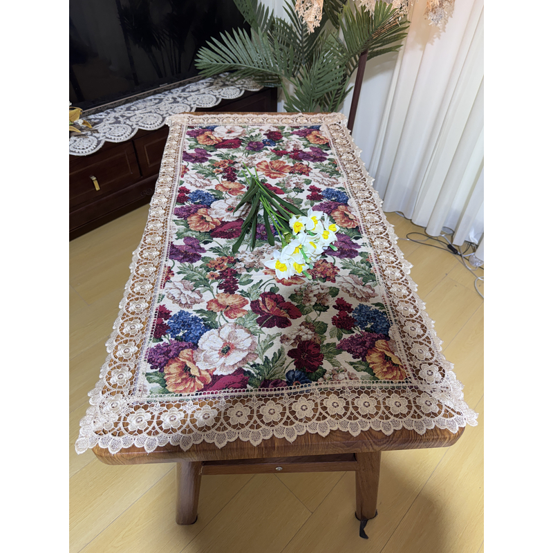 ZN102-13棉麻交织布【60*120】米白色百花齐放水溶边桌布茶几布莫奈