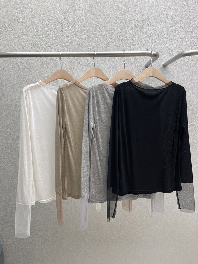 在韩-2025早春时髦网纱拼接打底t恤