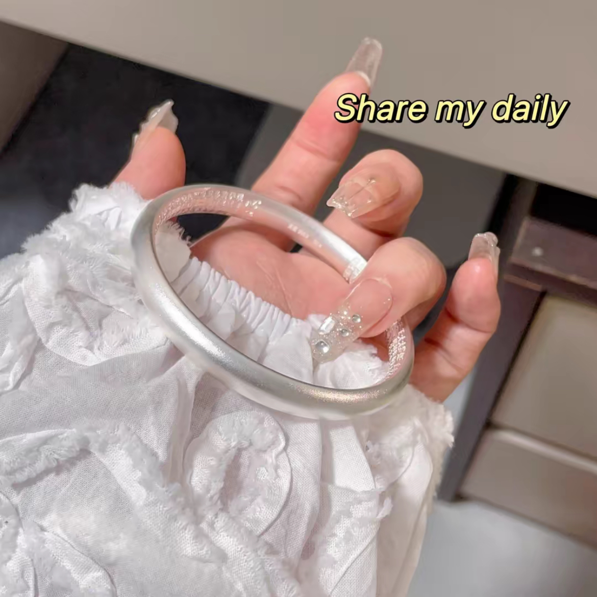 足银手镯 圈口可调节女圈口58-64mm白色百搭镯子实心经典