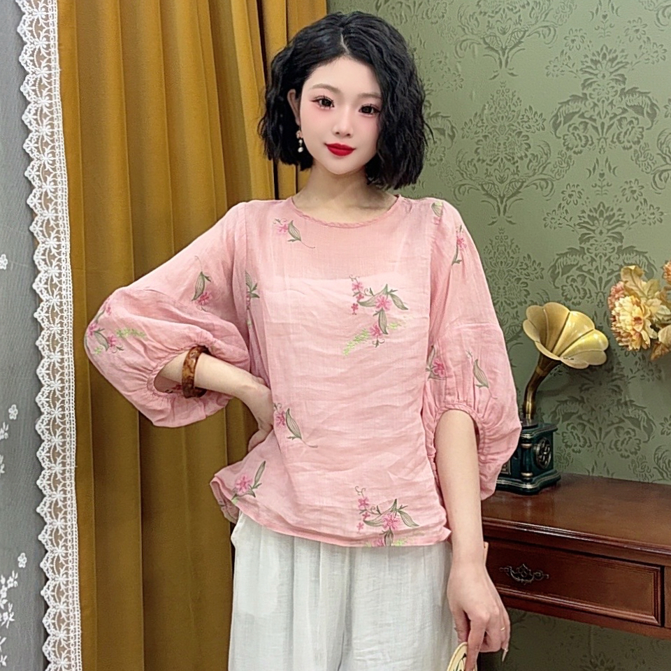 复古中国风纯苎麻重工刺绣灯笼袖圆领上衣时尚宽松透气套头衫夏季