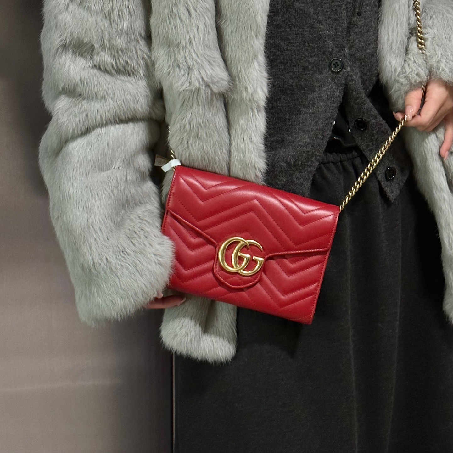 95新 GUCCI/古驰 gucci 酒红色马蒙woc斜挎包