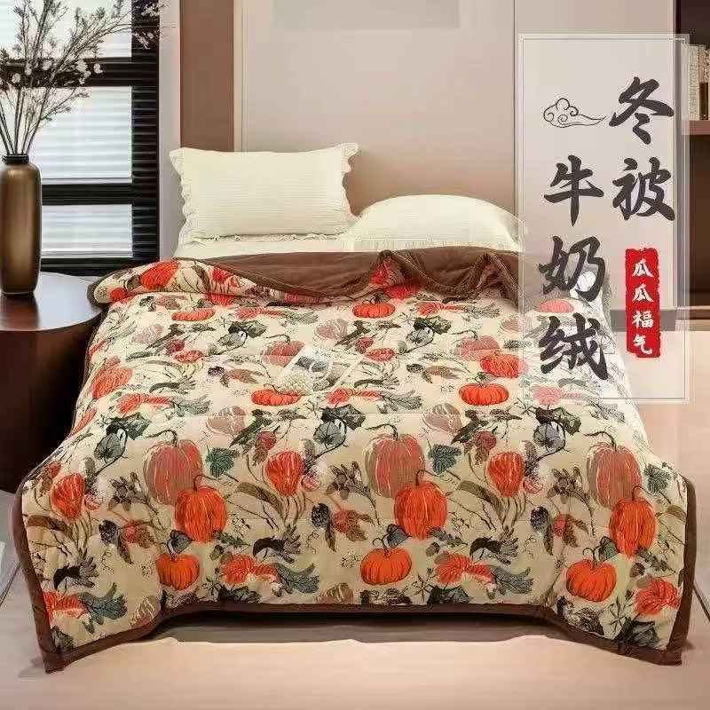 南瓜秋冬被盖毯石墨烯三层夹棉发热被可机洗牛奶绒被套加厚毯