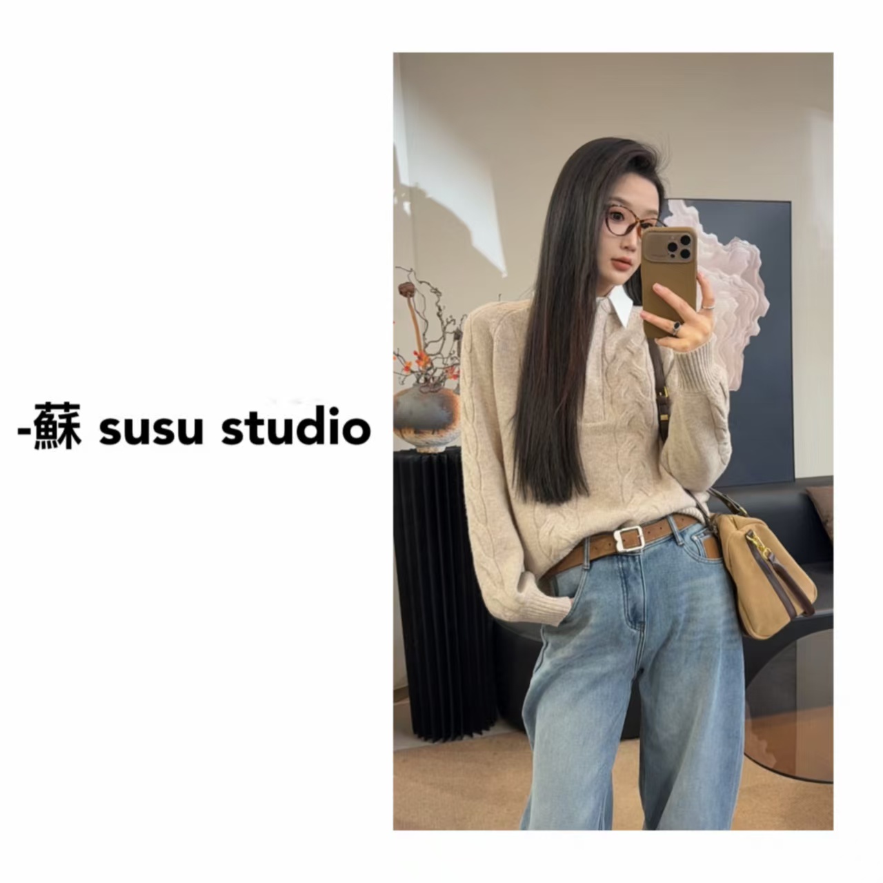 JS欧洲站冬季新款拼接衬衫领假两件时尚百搭宽松毛衣针织衫1201