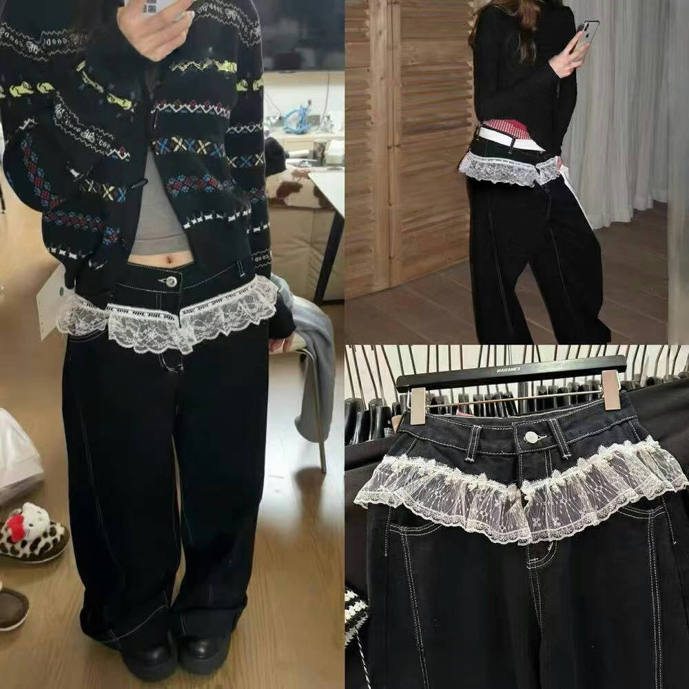 个性蕾丝拼接设计感牛仔裤女宽松阔腿裤