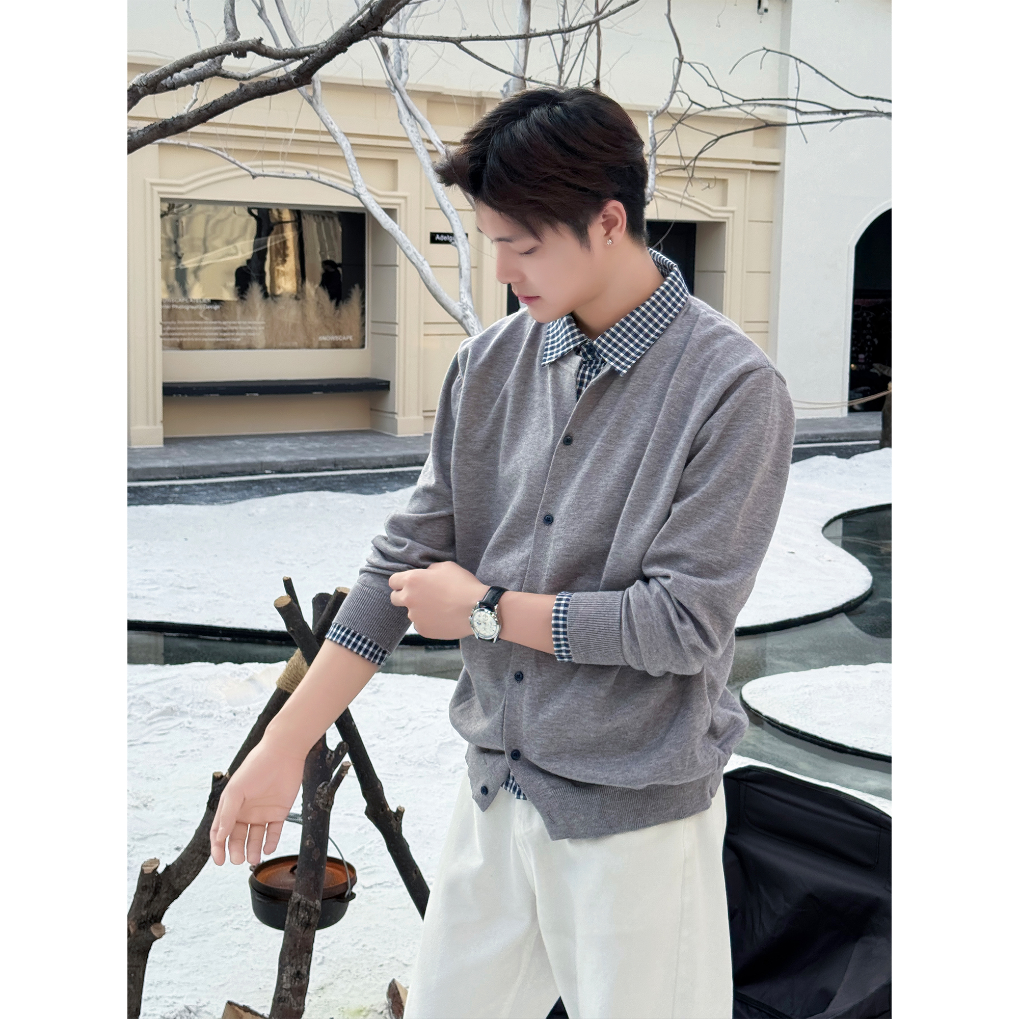 『极简复古系』秋季复古极简风设计感假两件拼接衬衫男士休闲针织衫