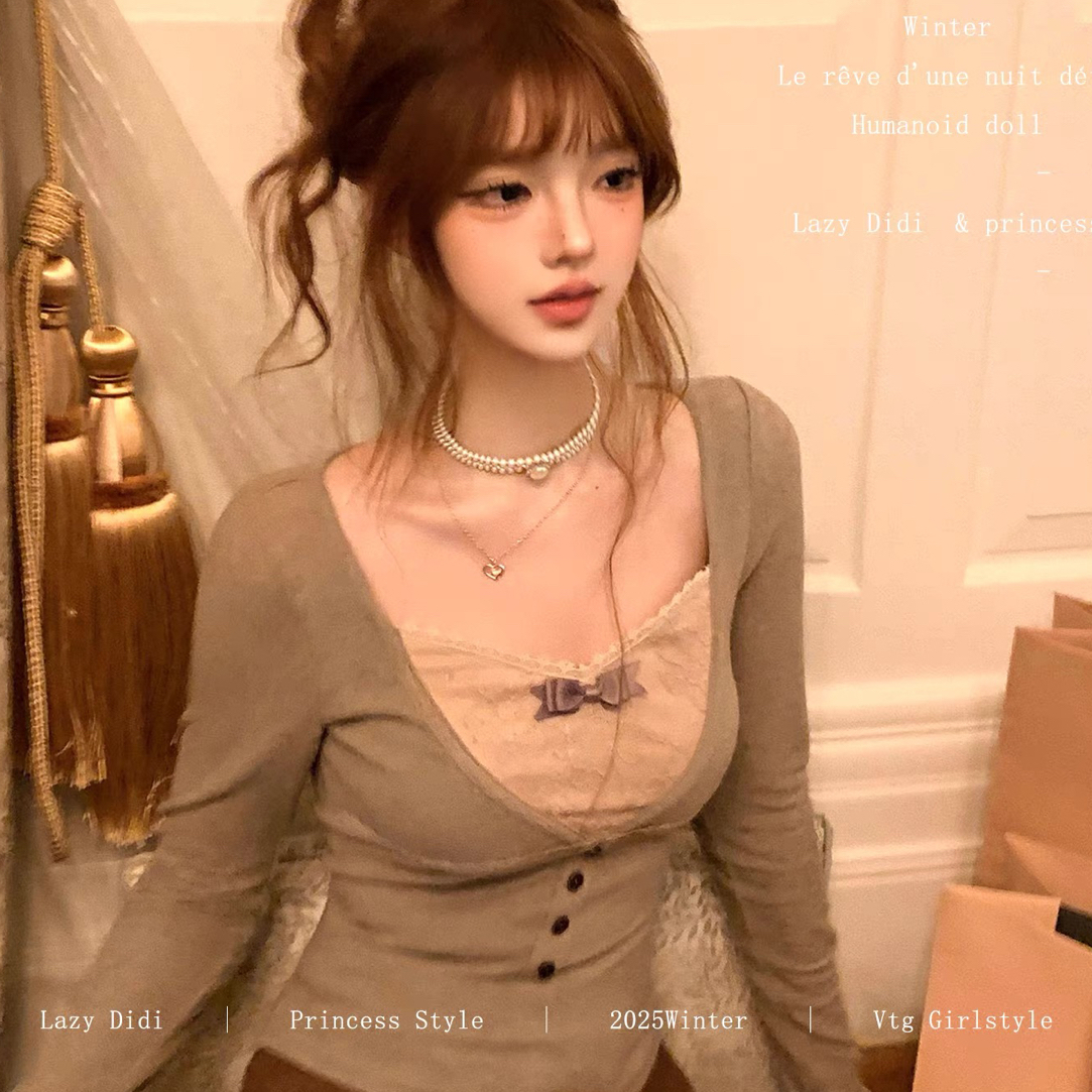 瑞瑞/【摩卡旋律】假两件蕾丝拼色拉绒打底秋冬长袖修身t恤小衫上衣