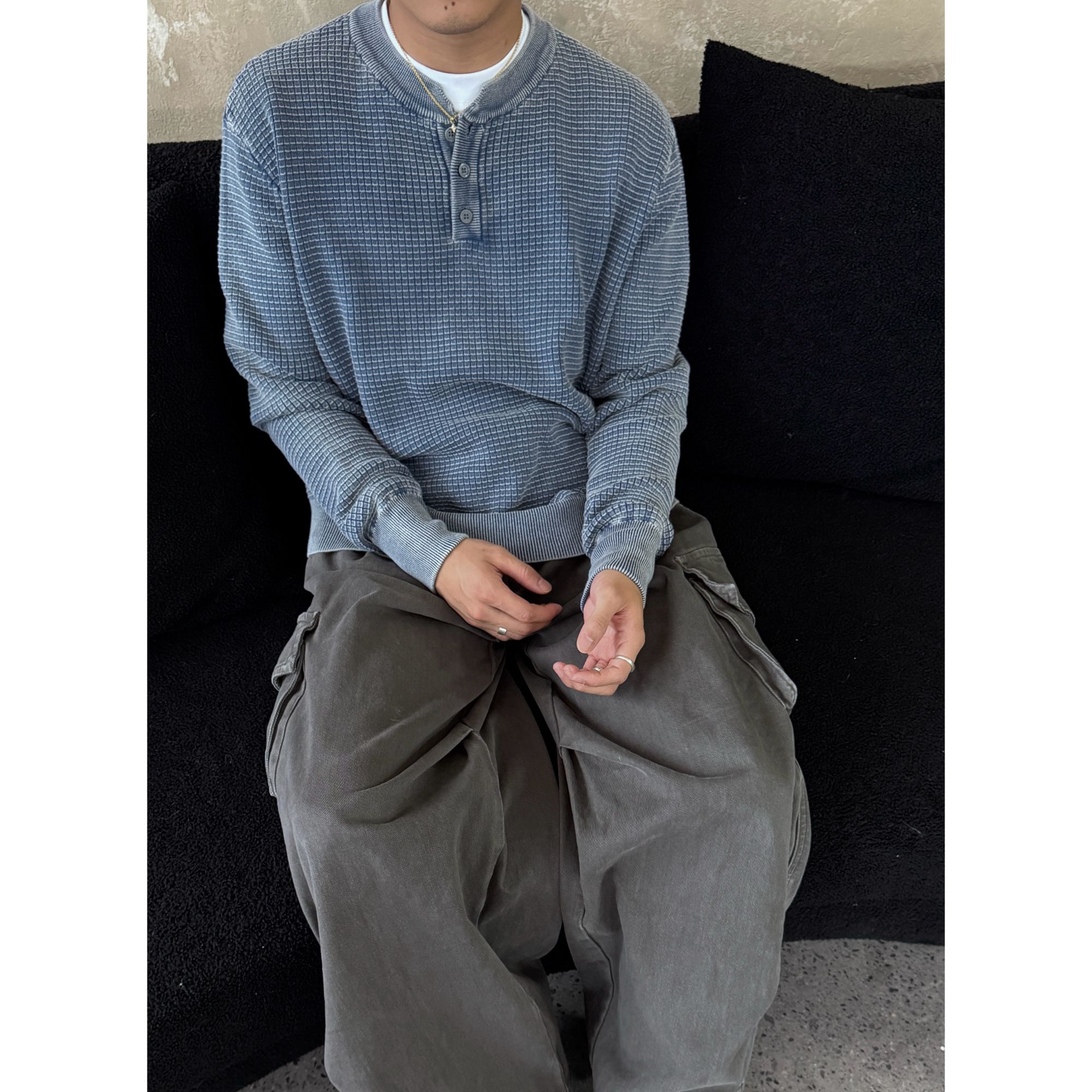 水洗吊染纯棉华夫格针织衫亨利领毛衣复古炒色做旧长袖