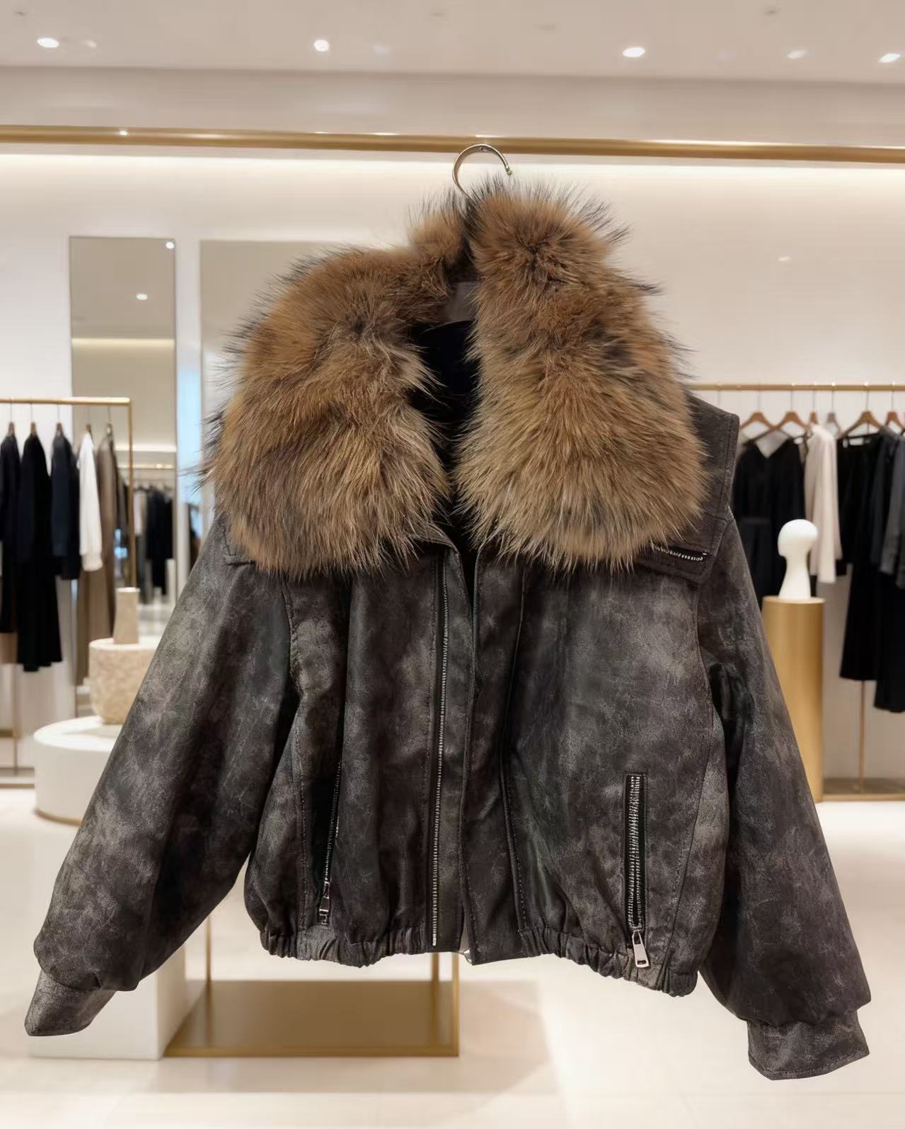 25682毛领可拆宽松型INS风短外套拼接百搭设计师加厚加绒