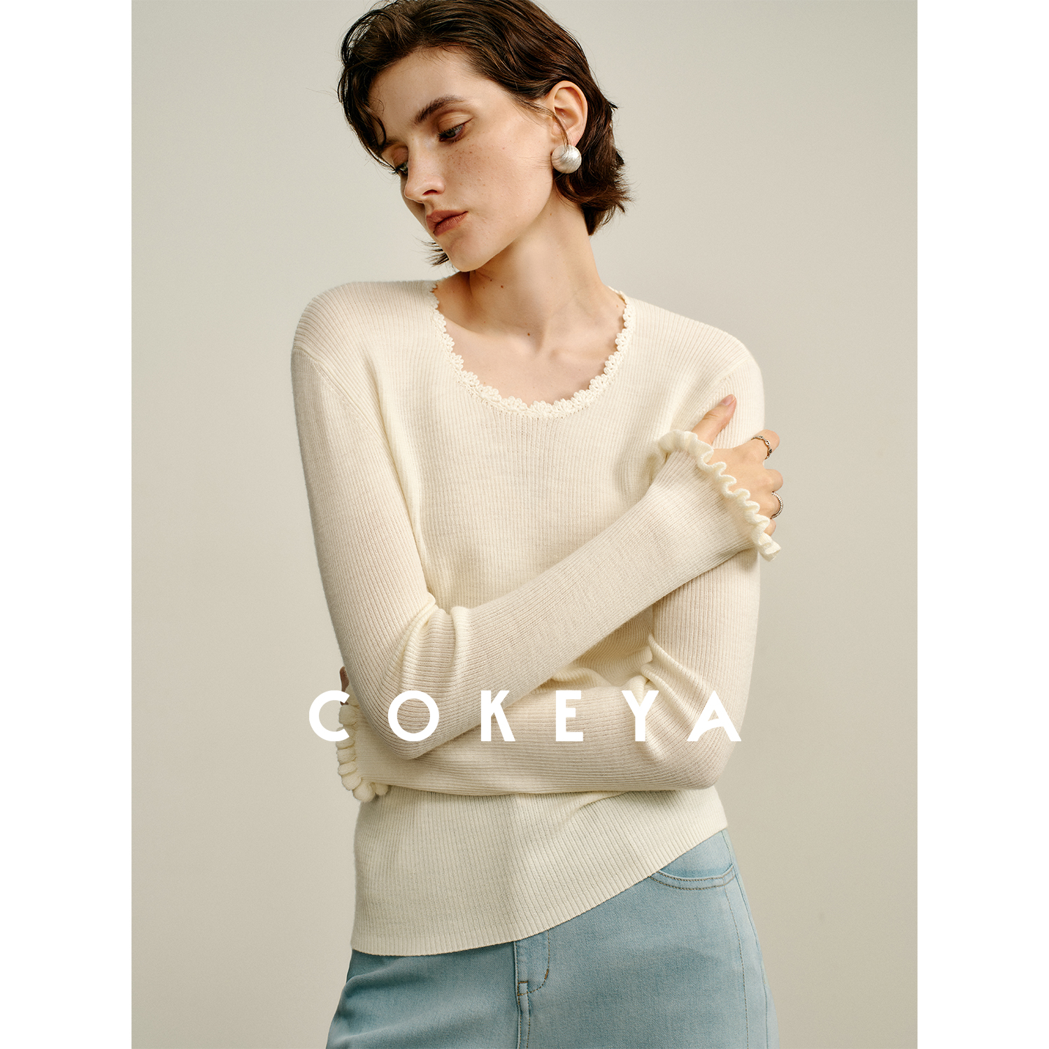 COKEYA/花间谧语~精纺16针美利奴羊毛扬子纱手工钩花打底针织衫女