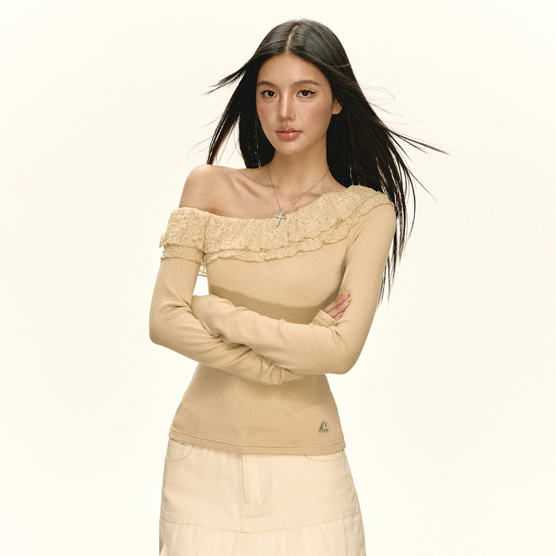 Ariseism 美式复古双色斜肩长袖t恤女秋季新款修身上衣