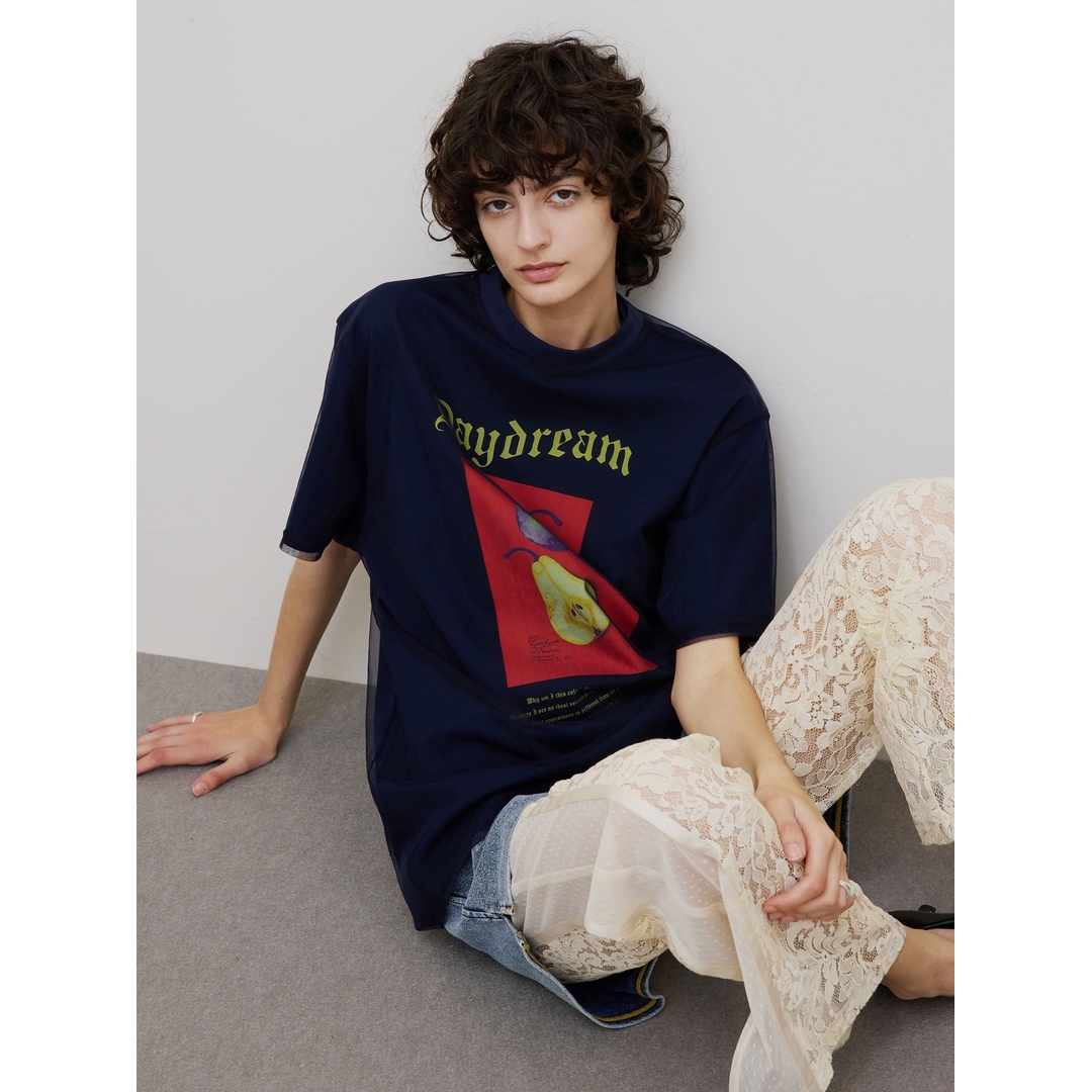 【胖虎家】夏季新款 代 时尚水果图案搭配薄纱设计小众复古T恤