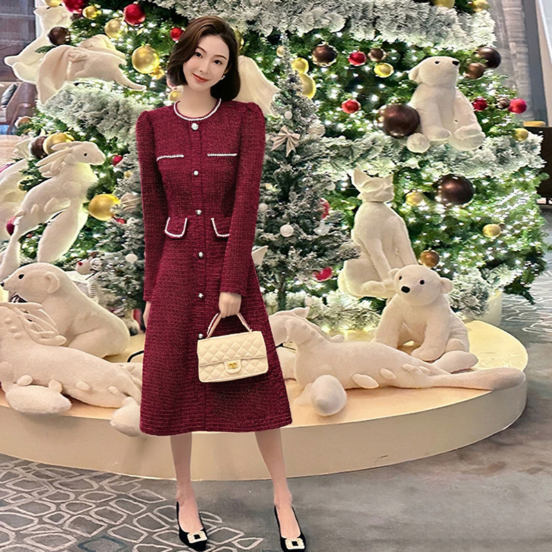 【七姐定制】【有里布】复古小香风长裙富家小千金a字连衣裙女D4503