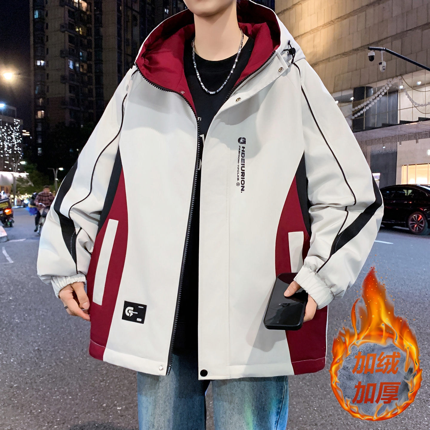 冬季青少年加绒外套加厚棉衣宽松休闲保暖潮流学生连帽帅气外套