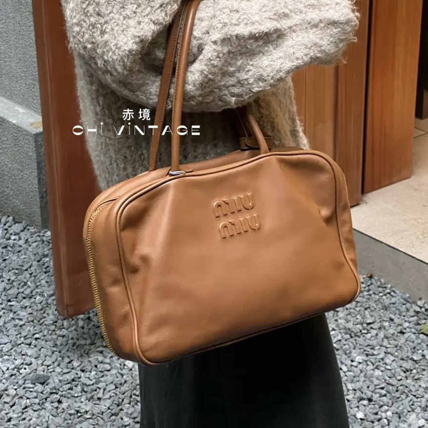 99新 MIU MIU/缪缪 0055 干邑色公文波士顿手提包大号