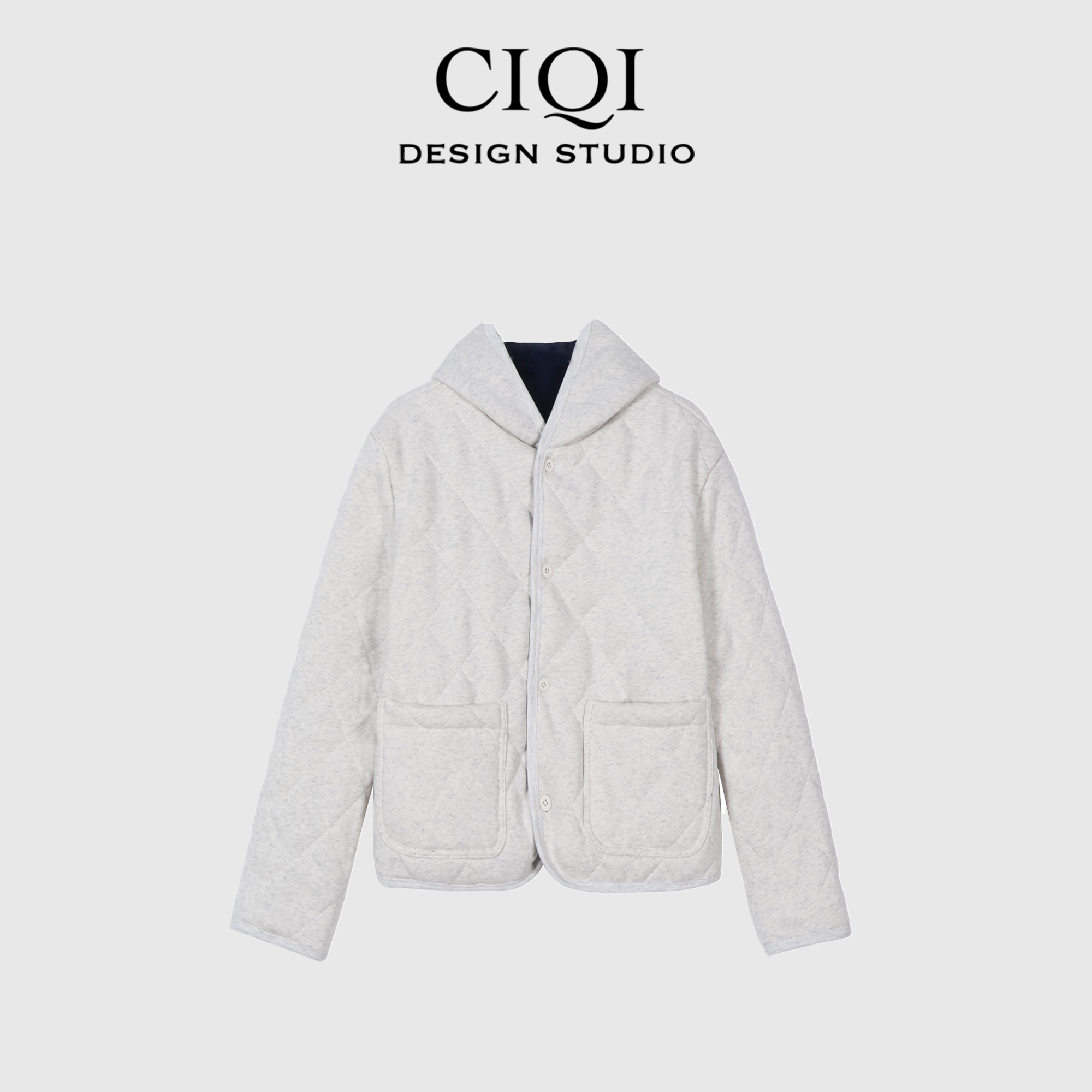 CIQI STUDIO【双面穿】秋冬撞色菱格单排扣带帽长袖棉服外套192726