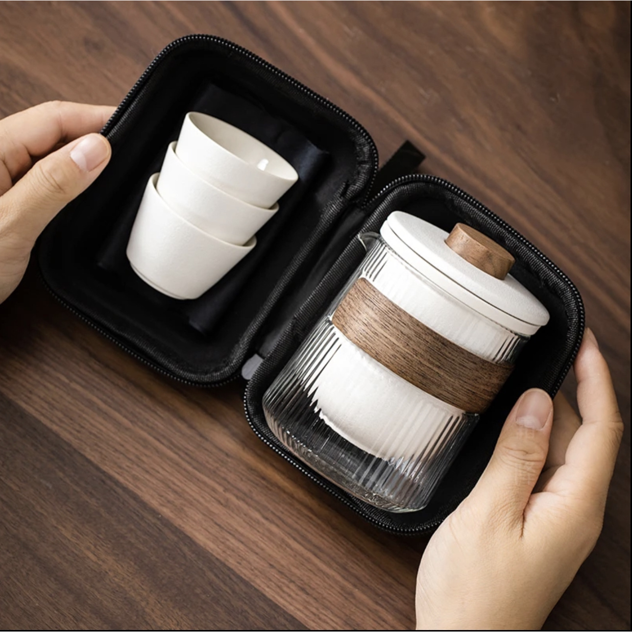 白色一壶三杯简易收纳茶具玻璃壶户外旅行便携茶具套装礼品快客杯