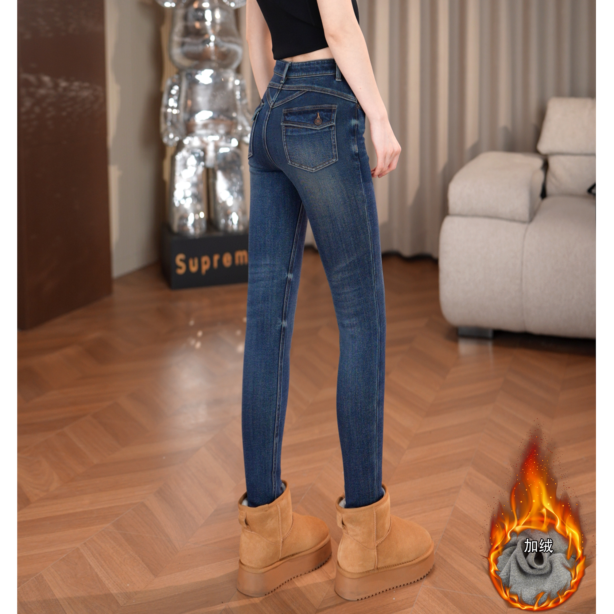 2025秋冬加绒保暖紧身显瘦女士铅笔裤四面弹高腰牛仔小脚裤