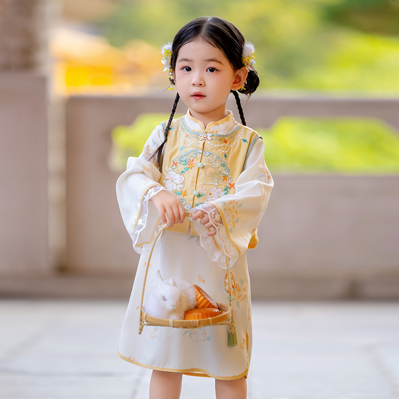 【澜月】汉服女童秋装宝宝中国风玉兔马甲旗袍连衣裙儿童中秋唐装