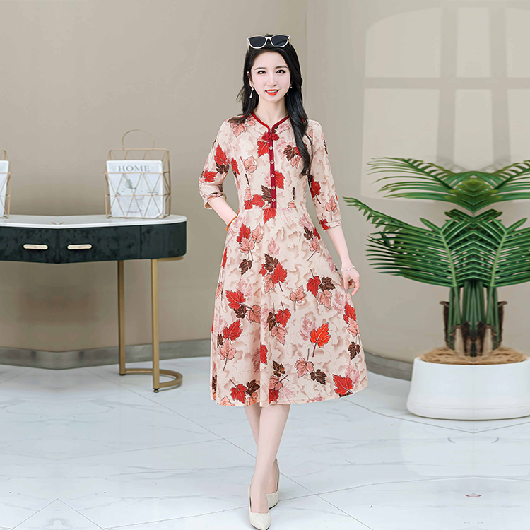 时尚印花中袖连衣裙2025夏季新款中老年改良旗袍裙中长款长裙子