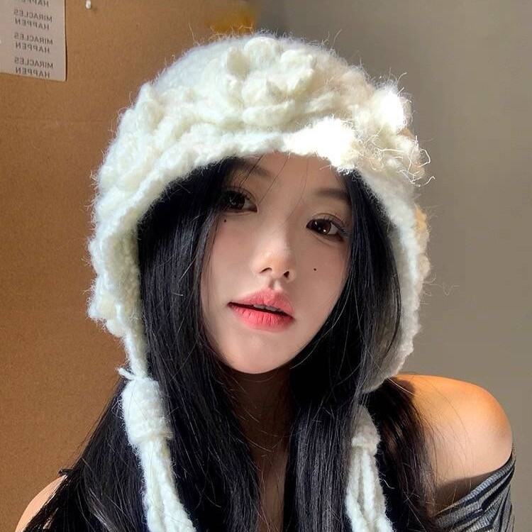 立体花朵手工针织帽女秋冬韩系显脸小珍珠流苏毛线帽保暖包头帽子