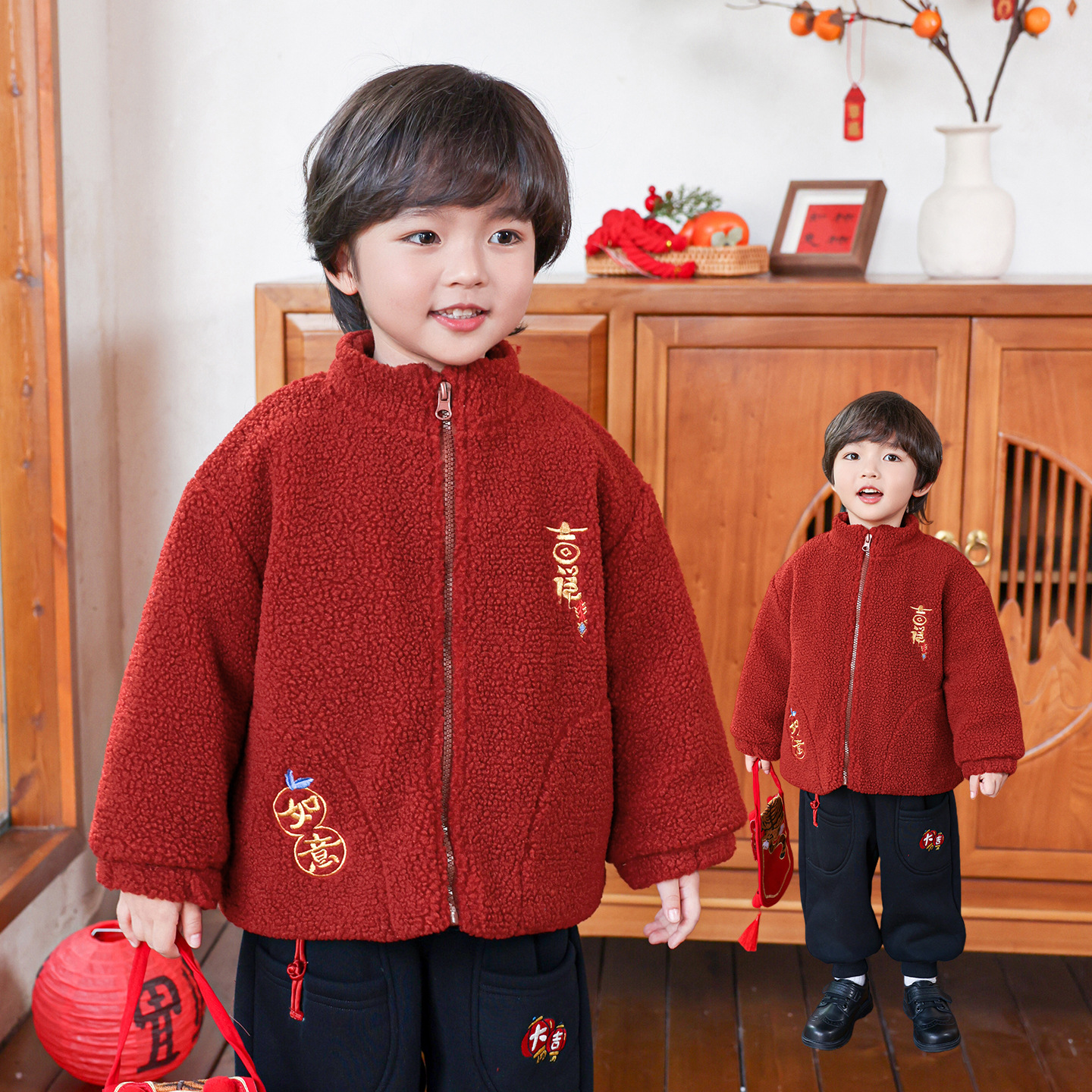《吉祥如意》男童加厚外套2025新款拜年服国风唐装宝宝摇粒绒